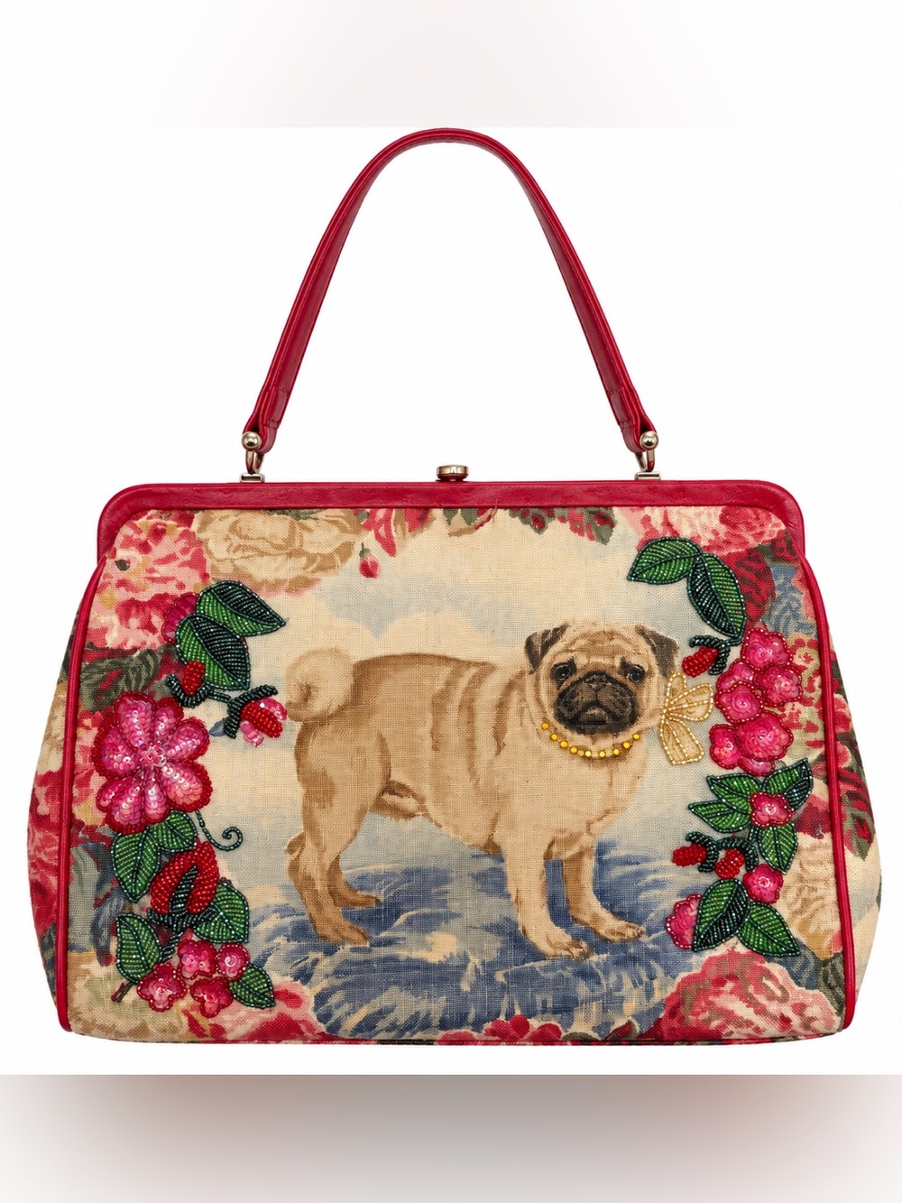 Isabella Fiore Red Trim Floral Pug Embroidered Shoulder Bag